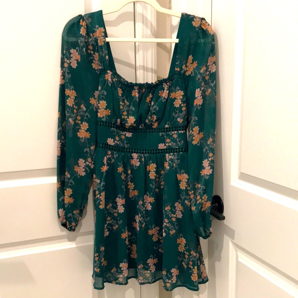 RIXXI Clothing Company Green Floral Boho Long Sleeve Mini Dress size medium
